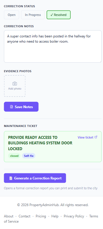 Linked maintenance ticket showing in progress and self-fix status with View ticket link